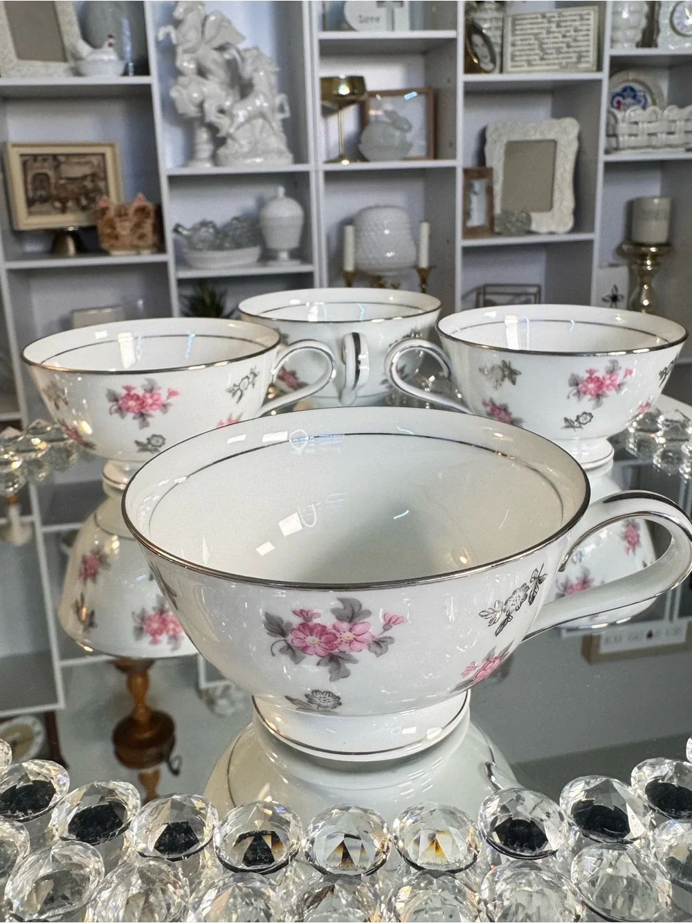 Vintage Noritake “Anita” Porcelain Tea Cups with Pink Rose Floral Trim